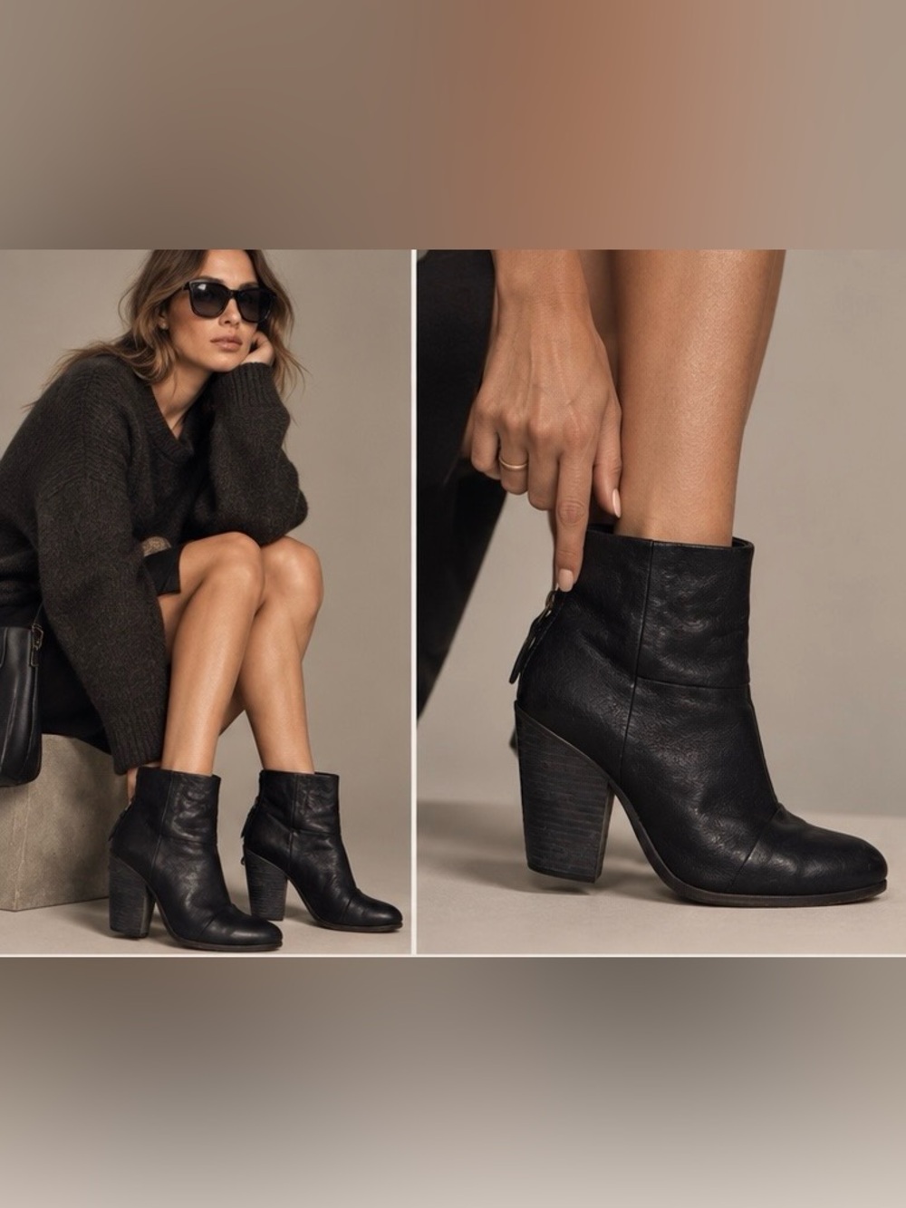 Rag & Bone Classic Newbury Black Leather Ankle Boots Sz 37 Block Heel